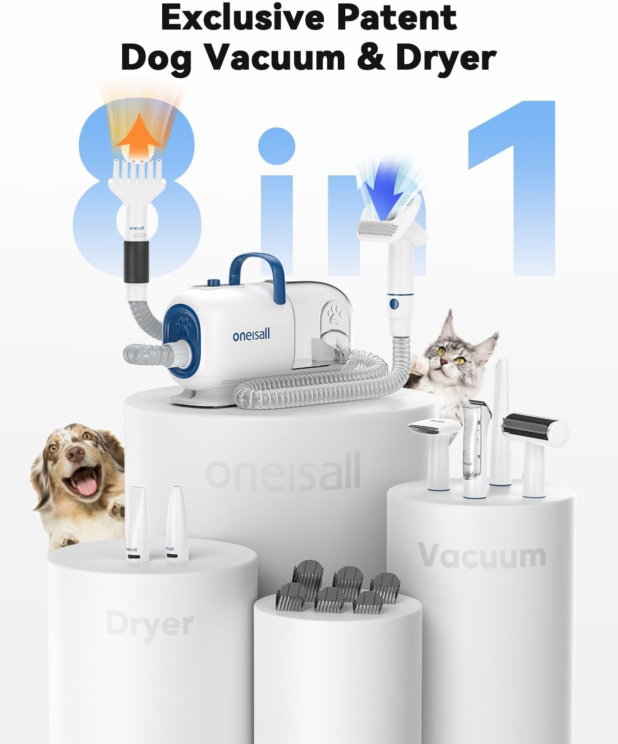 Oneisall 8-in-1 Dog Grooming Vacuum & Dryer, Clippers with Metal Blade, Adjustable Speed & Temp