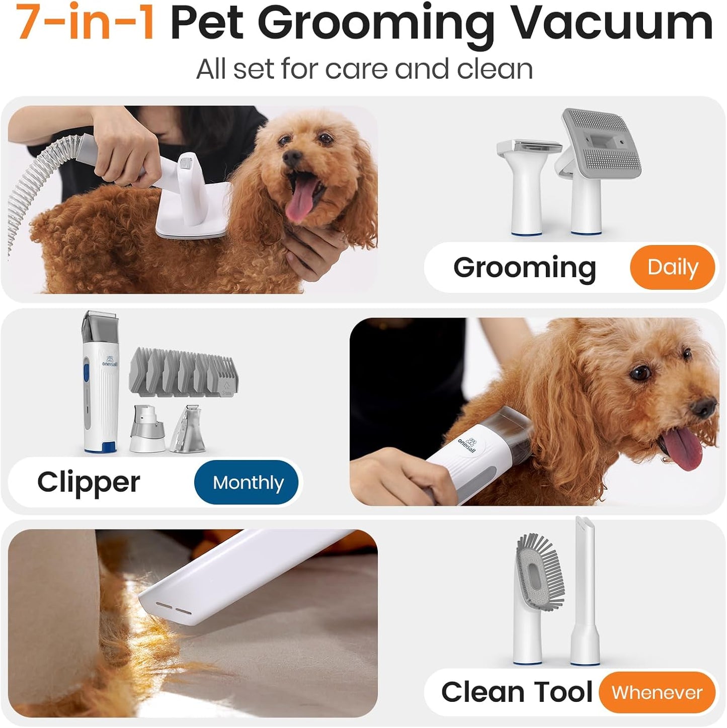 oneisall Dog Grooming Vacuum Kit, 7 Tools with Clipper & Nail Grinder, 1.5L Dust Cup (Blue)