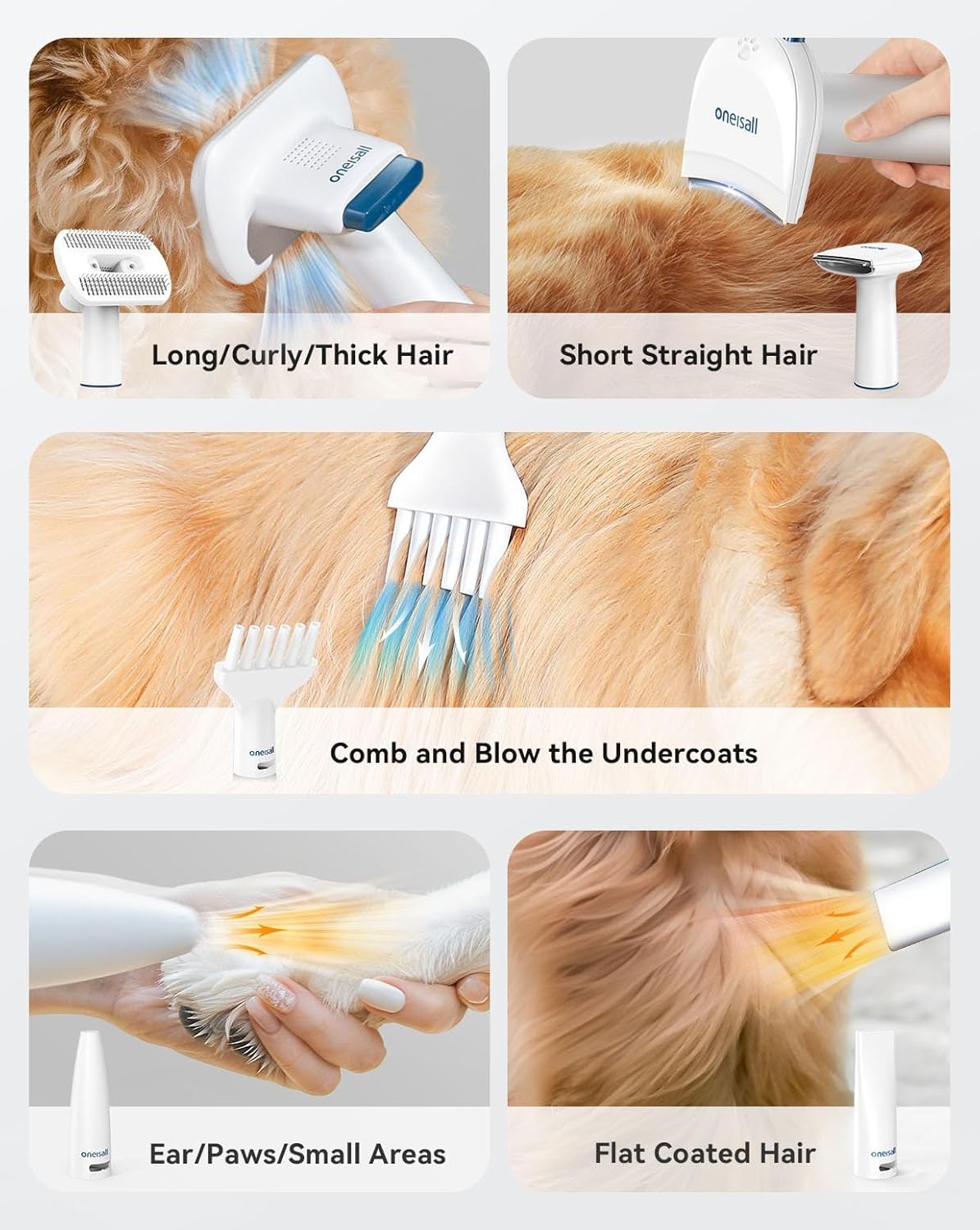 Oneisall 8-in-1 Dog Grooming Vacuum & Dryer, Clippers with Metal Blade, Adjustable Speed & Temp