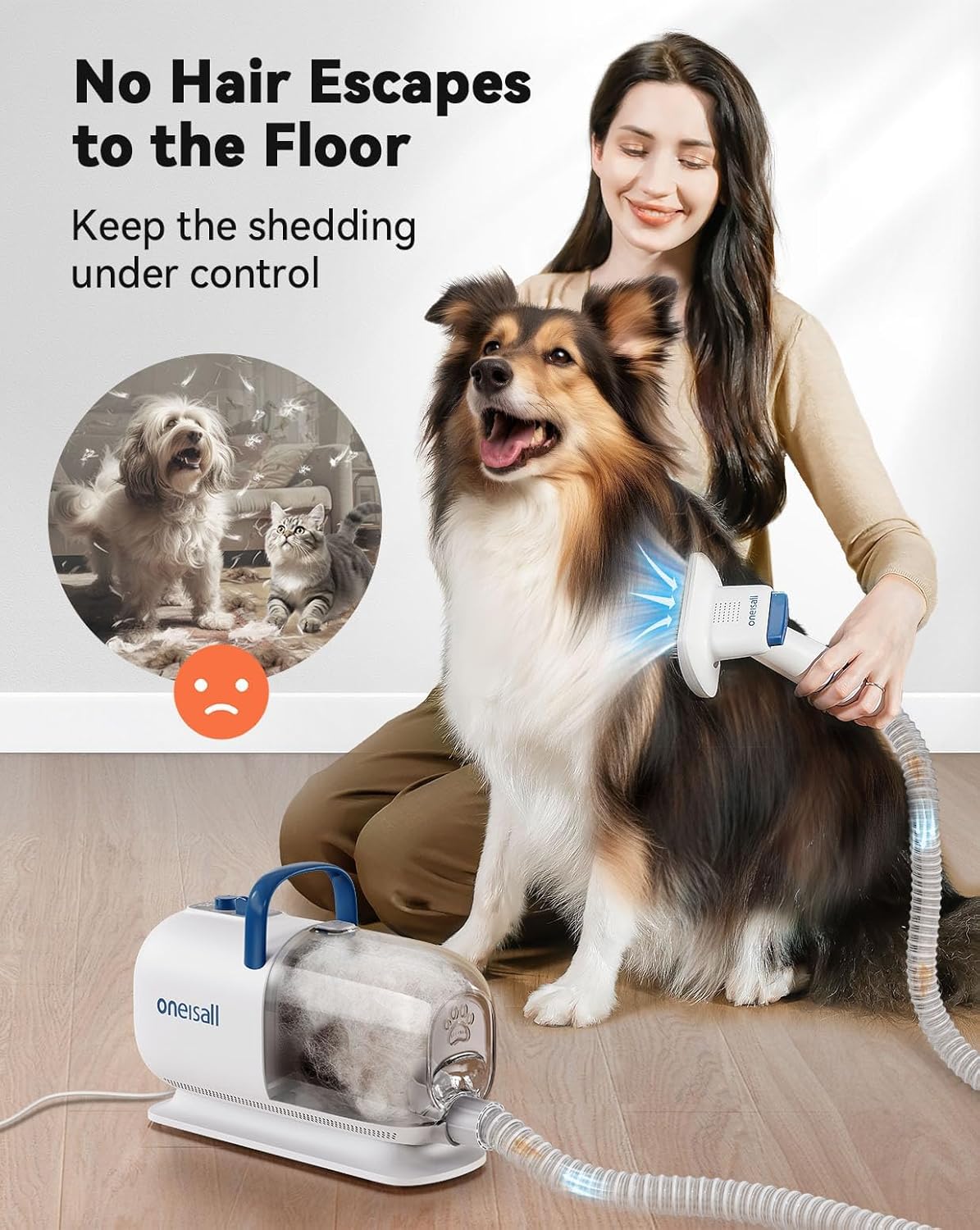 Oneisall 8-in-1 Dog Grooming Vacuum & Dryer, Clippers with Metal Blade, Adjustable Speed & Temp