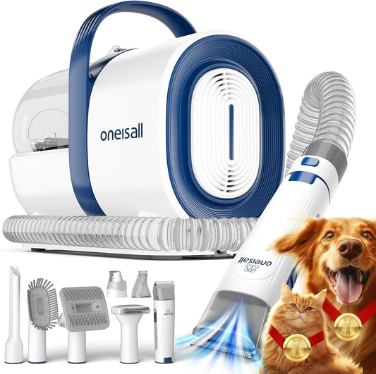 oneisall Dog Grooming Vacuum Kit, 7 Tools with Clipper & Nail Grinder, 1.5L Dust Cup (Blue)