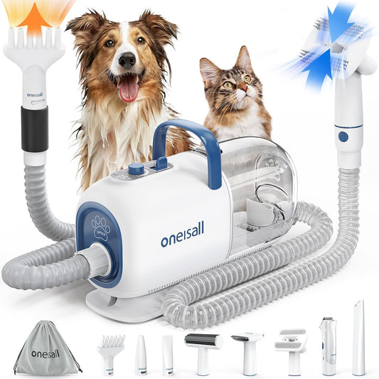 Oneisall 8-in-1 Dog Grooming Vacuum & Dryer, Clippers with Metal Blade, Adjustable Speed & Temp